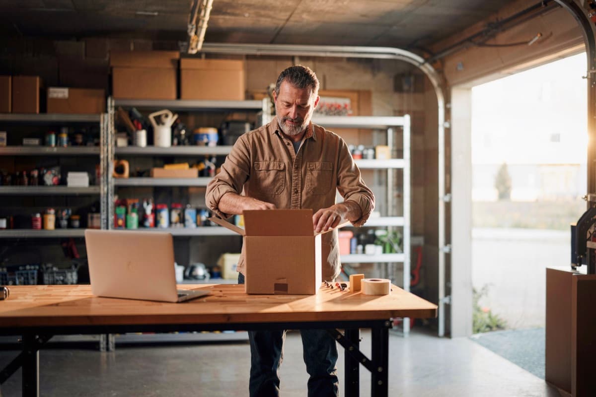 A seller packing orders in his garage workshop