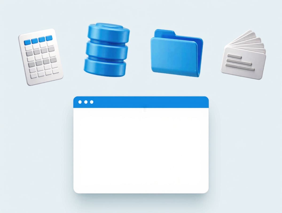 A spreadsheet, a database, a folder and loose records converging into one store