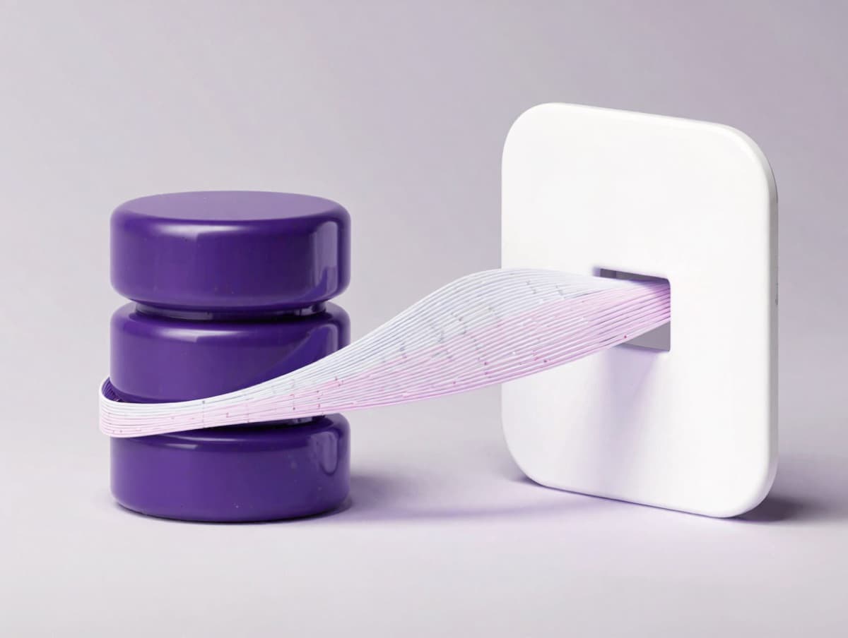 A database feeding a ribbon of product records into a new store
