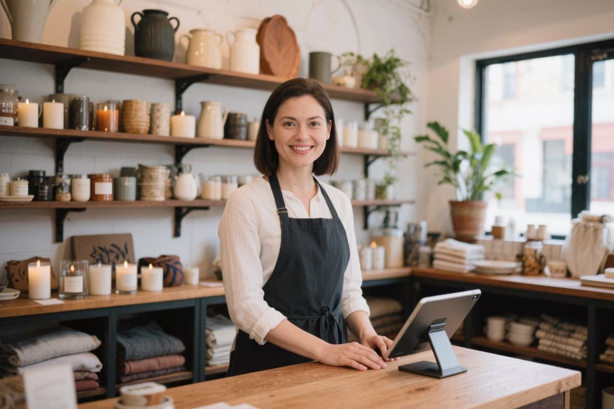A shopkeeper at the counter of a homeware and candle boutique, tablet till beside her