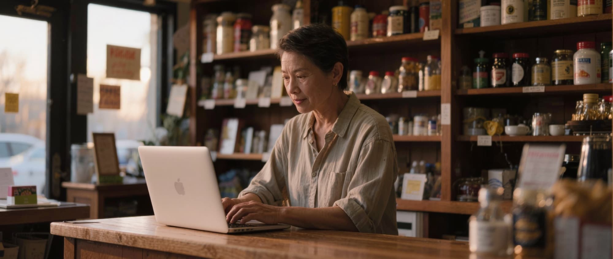 A shop owner working at a laptop behind the counter of her deli